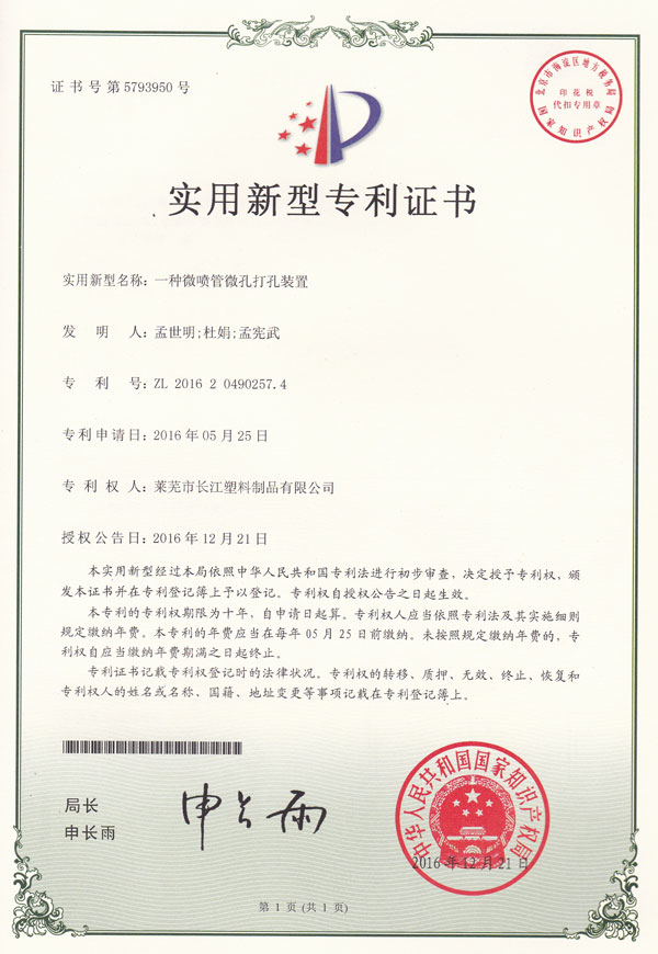 一種微噴管微孔打孔裝置專(zhuān)利證書(shū)